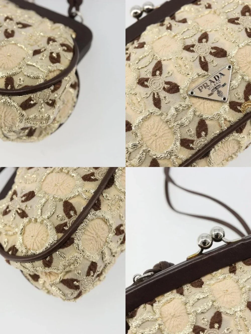 PRADA Coin Purse Shoulder Pouch Canvas Beige Silver Auth 185760SAV